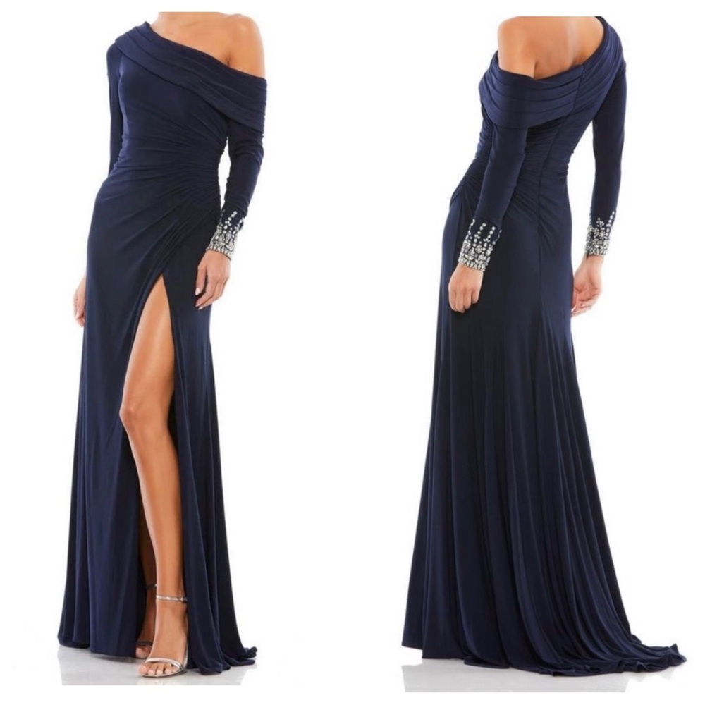 Mac Duggal 12231 Navy Blue Off The Shoulder Jersey Evening Gown Dress size 14